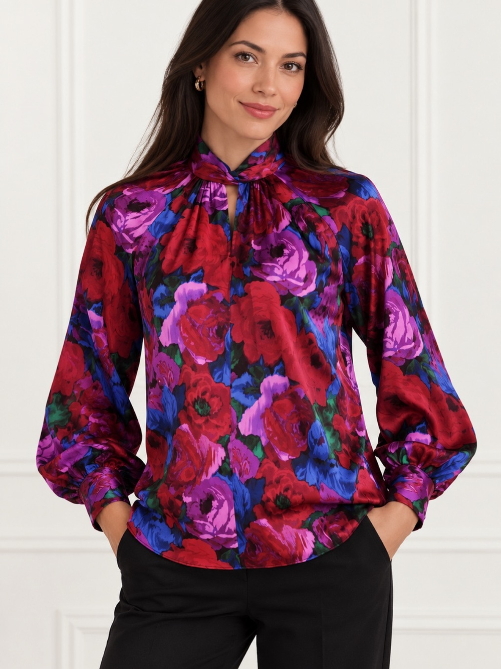 Talbots Plus Petite Floral Twist Neck Pullover Blouse Multicolor